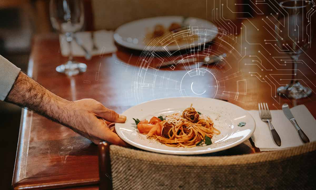  Waiter with AI system serving food in a restaurant